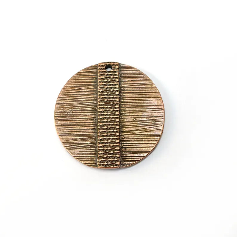 Textured Round Pendant, Boho Charms, Earring Charms, Copper Dangle Pendant, Necklace Parts, Antique Copper Plated Zamac 38mm G36539