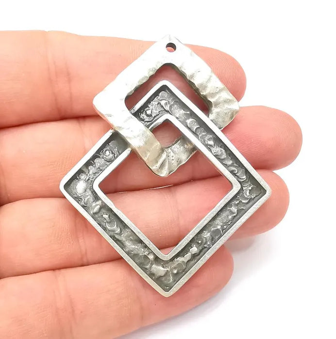 Square Dangle Charms, Boho Charms, Earring Charms, Silver Rustic Pendant, Necklace Parts, Antique Silver Plated Zamac 64x52mm G36448