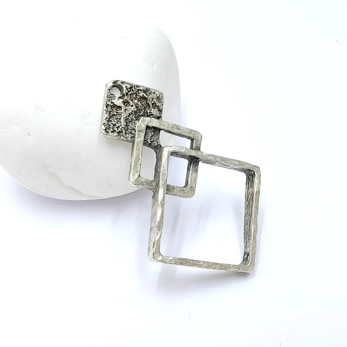 Square Dangle Charms, Boho Charms, Earring Charms, Silver Rustic Pendant, Necklace Parts, Antique Silver Plated Zamac 48x31mm G36460