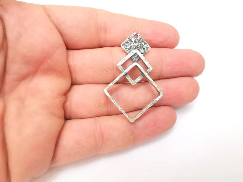 Square Dangle Charms, Boho Charms, Earring Charms, Silver Rustic Pendant, Necklace Parts, Antique Silver Plated Zamac 48x31mm G36460