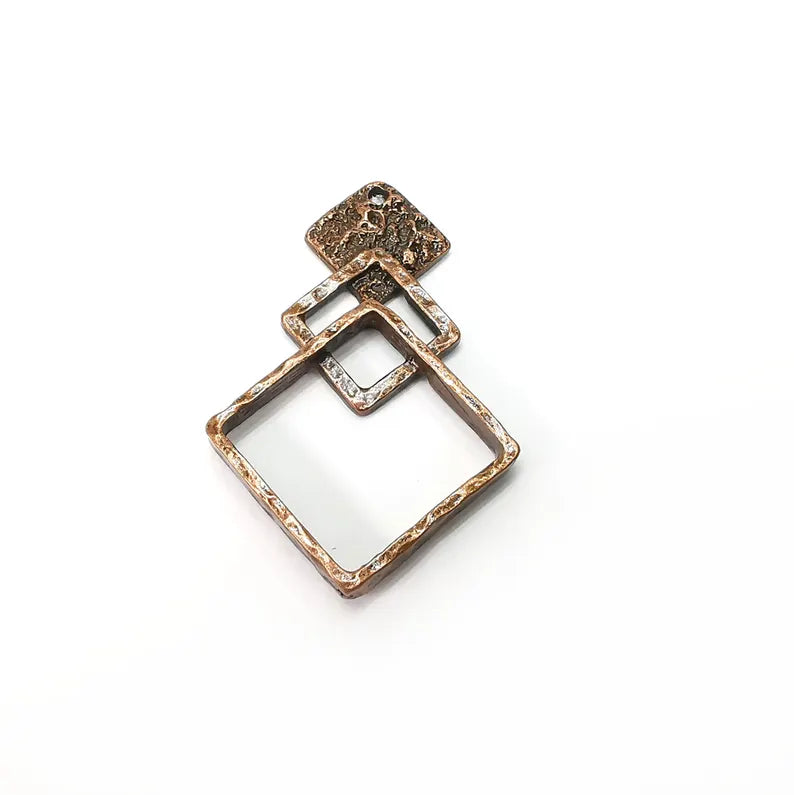Square Dangle Charms, Boho Charms, Earring Charms, Copper Rustic Pendant, Necklace Parts, Antique Copper Plated Zamac 48x31mm G36464