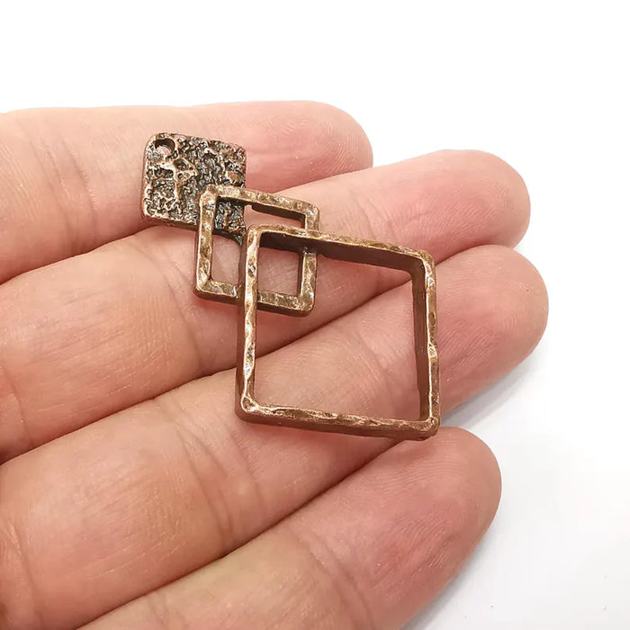 Square Dangle Charms, Boho Charms, Earring Charms, Copper Rustic Pendant, Necklace Parts, Antique Copper Plated Zamac 48x31mm G36464