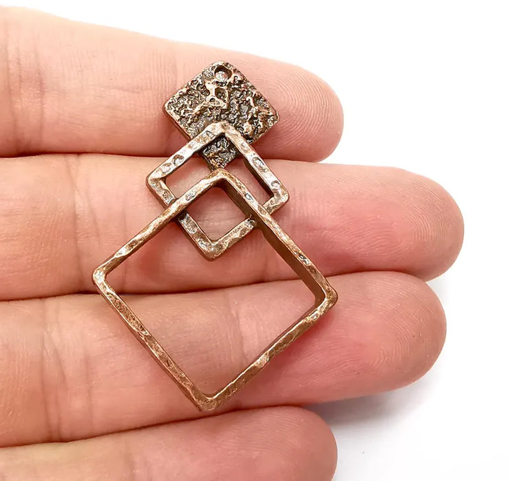 Square Dangle Charms, Boho Charms, Earring Charms, Copper Rustic Pendant, Necklace Parts, Antique Copper Plated Zamac 48x31mm G36464