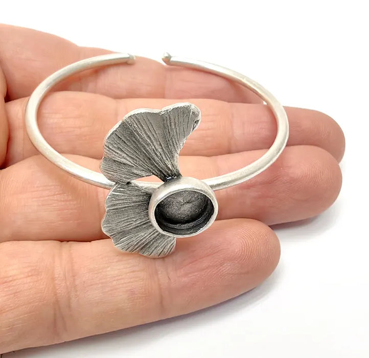 Silver Ginkgo Bracelet, Bar Cuff, Bangle Bezel, Resin Blank, Wristband Cabochon Base, Adjustable Antique Silver Brass (10mm) G36549