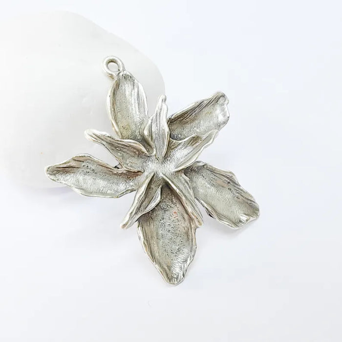 Antique Silver Flower Pendant, Earring Charms, Unique Artisan Jewelry, Nature Inspired Floral Design, Lotus Pendant 51x49mm G36411