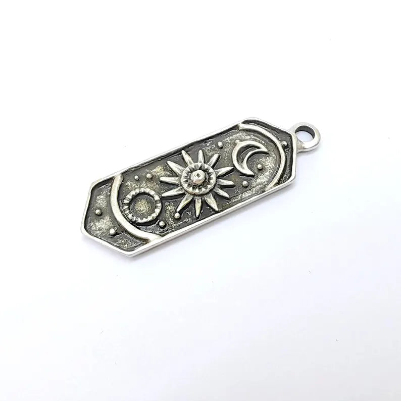 Celestial Moon and Sun Charms, Cosmic Pendant, Earring Charms, Night Sky Boho Charms, Antique Silver Plated Zamac 44x14mm G36473