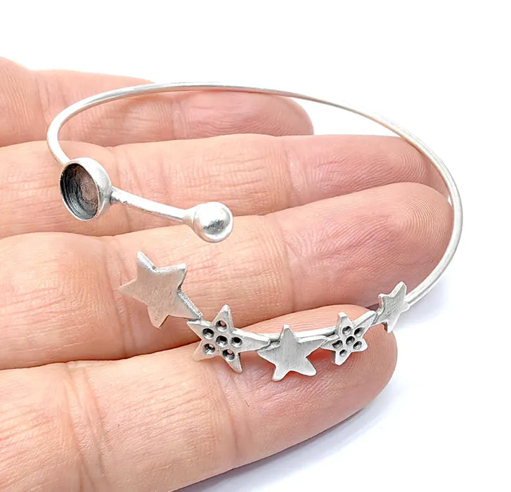 Silver Stars Bracelet, Bar Cuff, Bangle Bezel, Resin Blank, Wristband Cabochon Base, Adjustable Antique Silver Brass (6mm) G36553