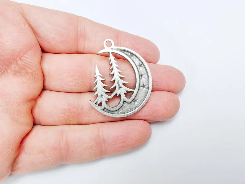 Moon Star and Pine Tree Pendant, Boho Charm, Earring Charm, Dangle Pendant, Necklace Parts, Antique Silver Plated Zamac 40x30mm G36555