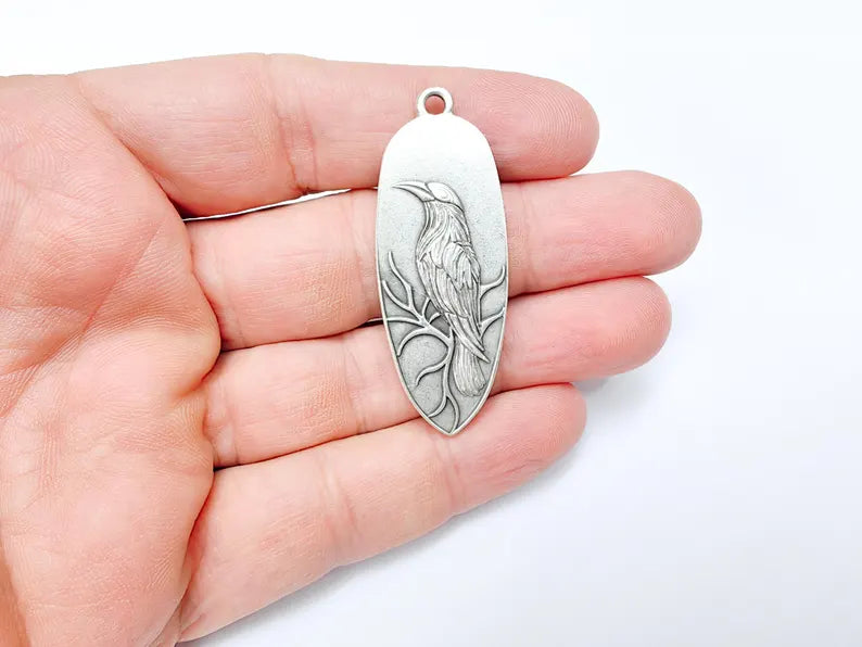 Raven Charm Pendant, Gothic Boho Charm, Nature Earring Charm, Mystical Bird, Necklace Parts, Antique Silver Plated Zamac 53x20mm G36557