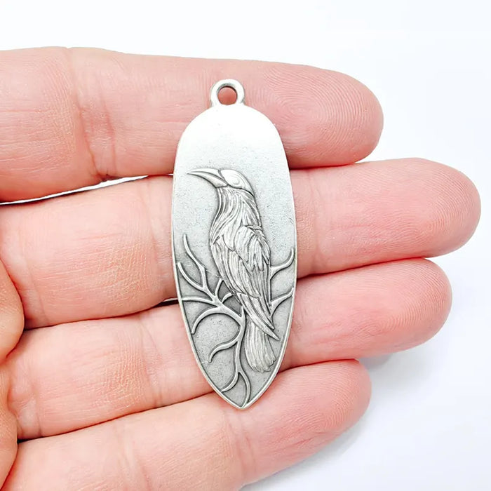 Raven Charm Pendant, Gothic Boho Charm, Nature Earring Charm, Mystical Bird, Necklace Parts, Antique Silver Plated Zamac 53x20mm G36557