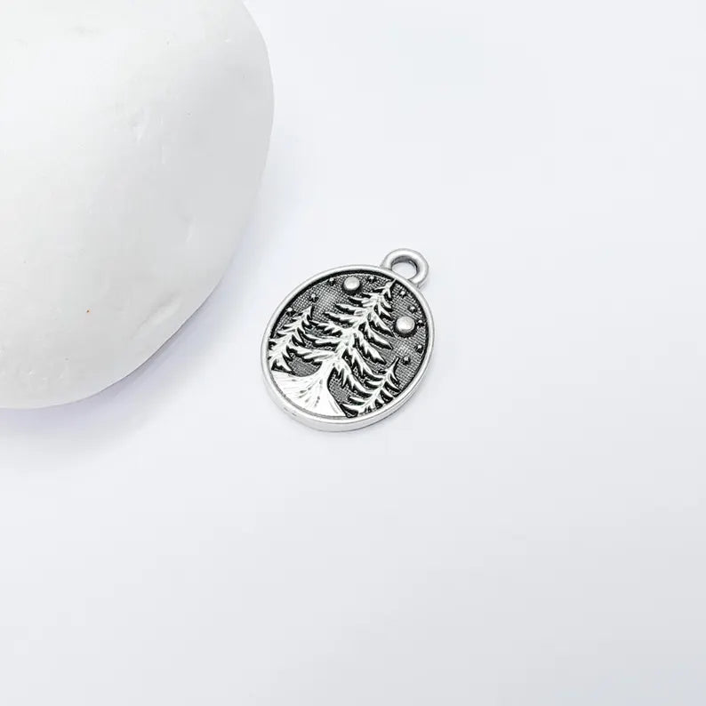 2 Pine Tree Forest Stars Charms, Nature Pendant Boho Earring Charms, Dangle Pendant, Necklace Part, Antique Silver Plated Zamac 23x16mm G36558