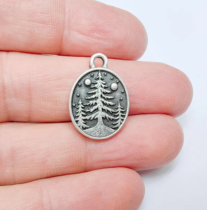 2 Pine Tree Forest Stars Charms, Nature Pendant Boho Earring Charms, Dangle Pendant, Necklace Part, Antique Silver Plated Zamac 23x16mm G36558