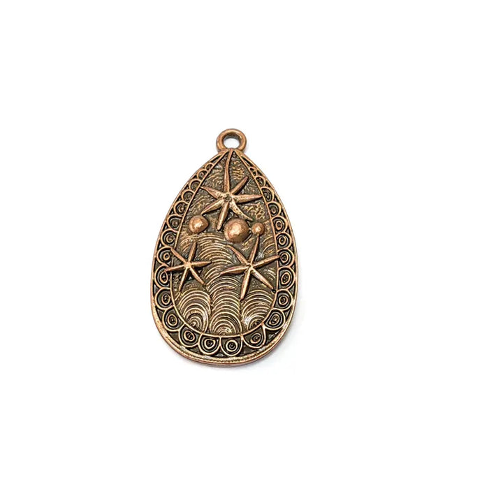 Nautical Charms, Starfish and Wave Detailed Boho Necklace Charm, Ocean-Themed Antique Copper Drop Pendant, 44x25mm Earring Charms G36559