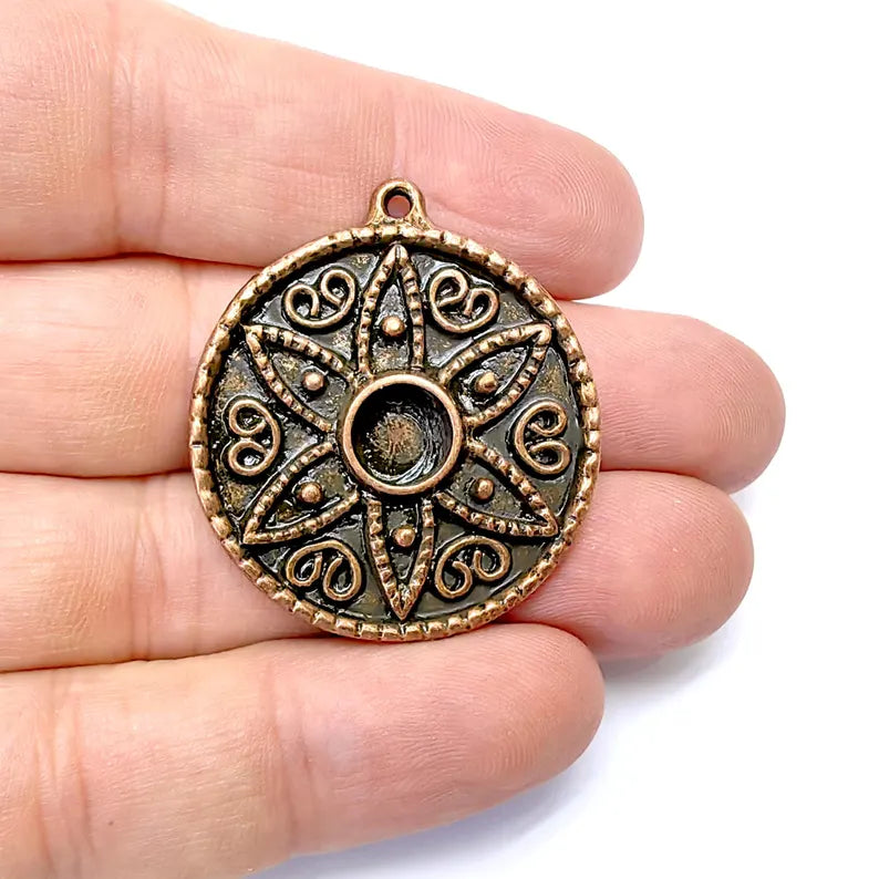 Bohemian Pendant Blank, Cabochon Bezel, Locket Base, inlay Mountings, Resin Necklace, Antique Copper Plated Zamac (8mm blank) G36560