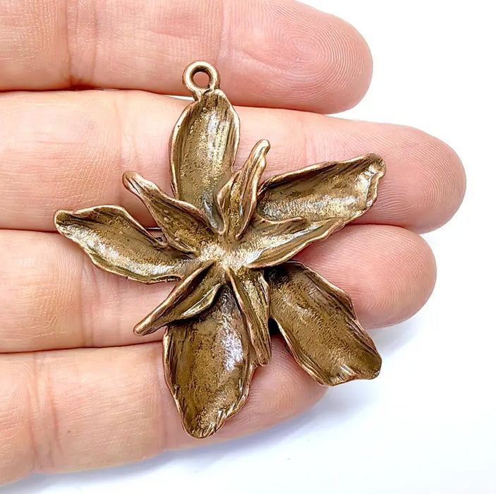 Antique Copper Flower Pendant, Earring Charms, Unique Artisan Jewelry, Nature Inspired Floral Design, Lotus Pendant 51x49mm G36561