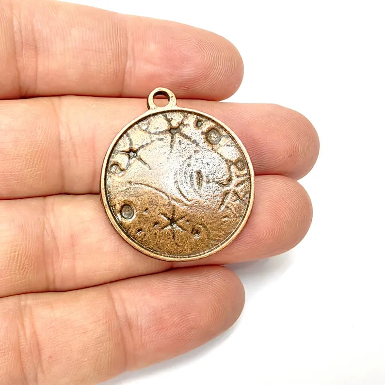 Nautical Charms, Starfish and Wave Detailed Boho Necklace Charm, Ocean-Themed Antique Copper Round Pendant, 34x30mm Earring Charms G36485