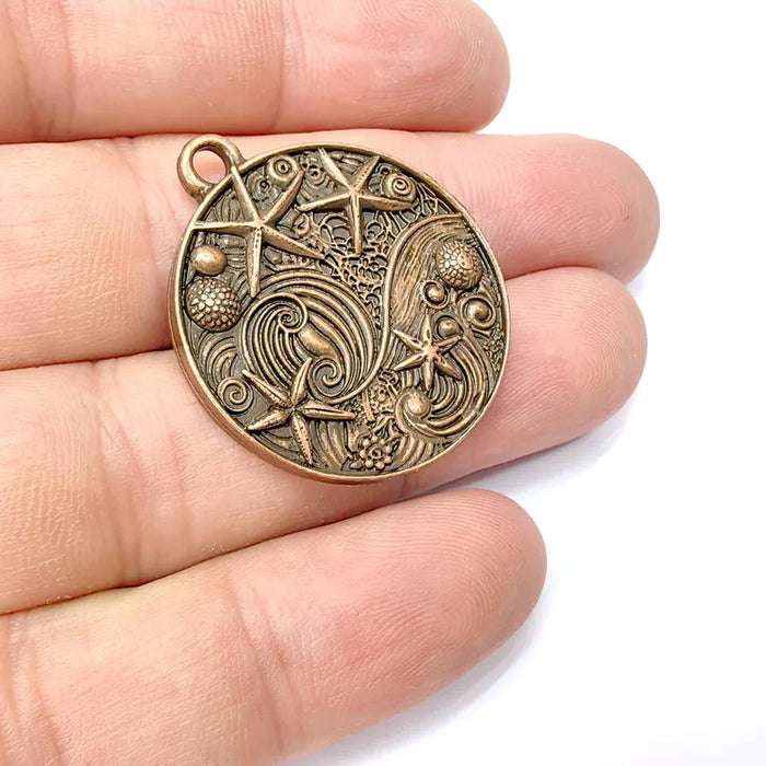 Nautical Charms, Starfish and Wave Detailed Boho Necklace Charm, Ocean-Themed Antique Copper Round Pendant, 34x30mm Earring Charms G36485