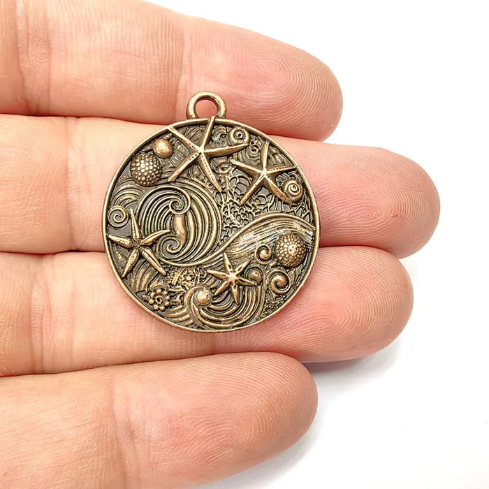 Nautical Charms, Starfish and Wave Detailed Boho Necklace Charm, Ocean-Themed Antique Copper Round Pendant, 34x30mm Earring Charms G36485