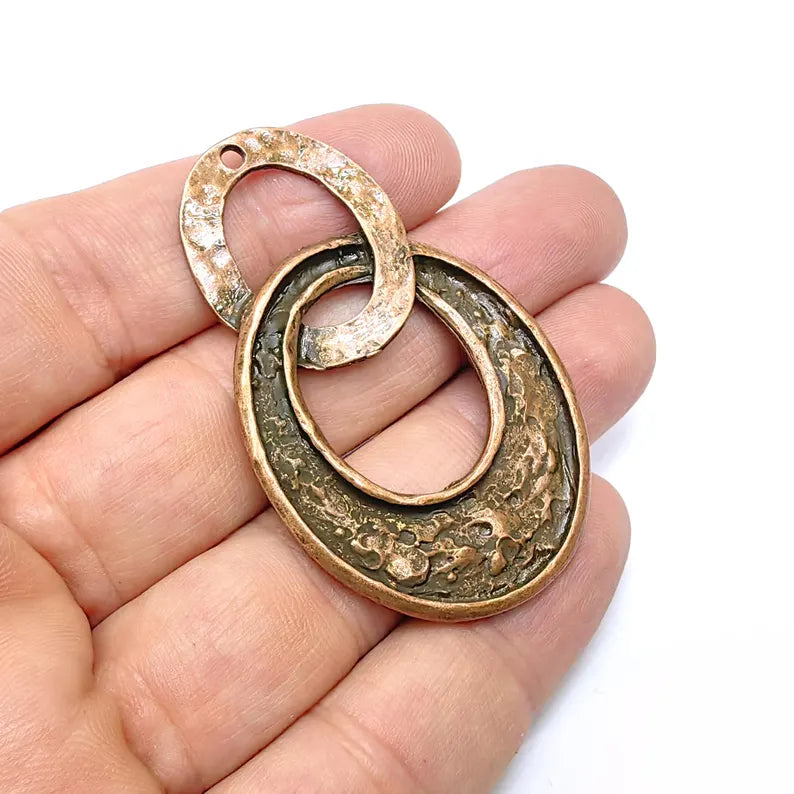 Hammered Dangle Charms, Boho Charms, Earring Charms, Copper Rustic Pendant, Necklace Parts, Antique Copper Plated 59x37mm G36565