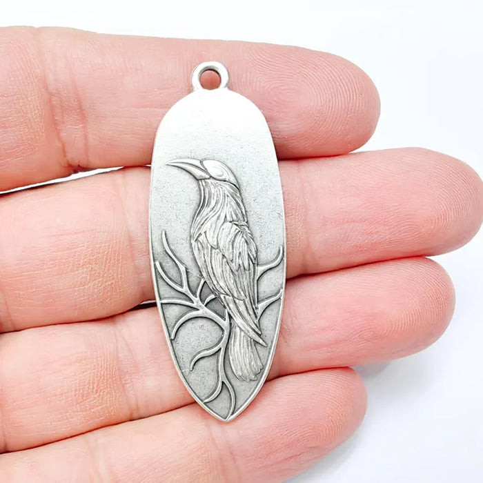 Raven Charm Pendant, Gothic Boho Charm, Nature Earring Charm, Mystical Bird, Necklace Parts, Antique Silver Plated Zamac 53x20mm G36557