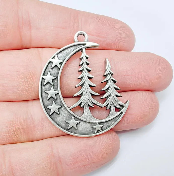 Moon Star and Pine Tree Pendant, Boho Charm, Earring Charm, Dangle Pendant, Necklace Parts, Antique Silver Plated Zamac 40x30mm G36555