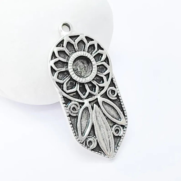 Bohemian Pendant Blank, Cabochon Bezel, Locket Base, inlay Mountings, Resin Necklace, Antique Silver Plated Zamac 42x19mm (6mm blank) G36483