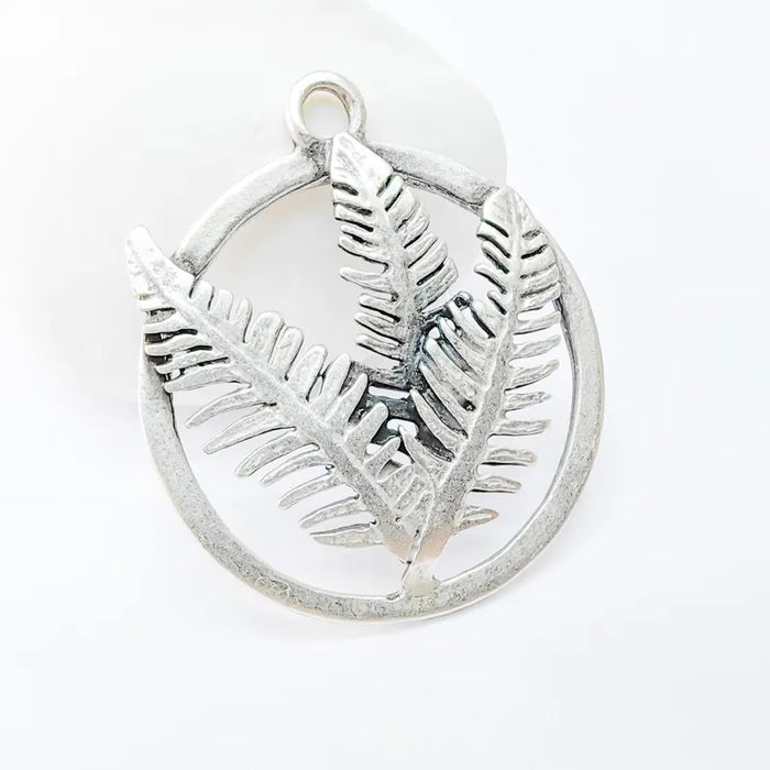 Fern Leaf Pendant, Boho Charms, Earring Charms, Silver Dangle Pendant, Necklace Parts, Antique Silver Plated Zamac 45x39mm G36482