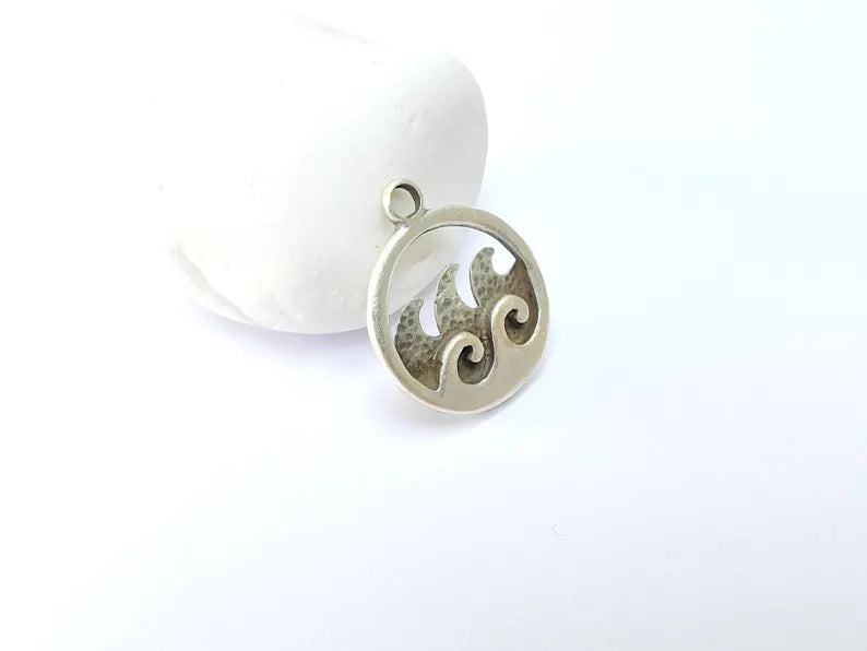 Ocean Wave Pendant Charms, Boho Charms, Earring Charms, Nautical Pendant, Necklace Parts, Antique Silver Plated Zamac 30x25mm G36491