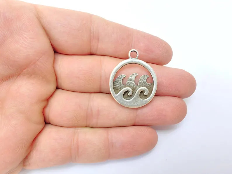 Ocean Wave Pendant Charms, Boho Charms, Earring Charms, Nautical Pendant, Necklace Parts, Antique Silver Plated Zamac 30x25mm G36491