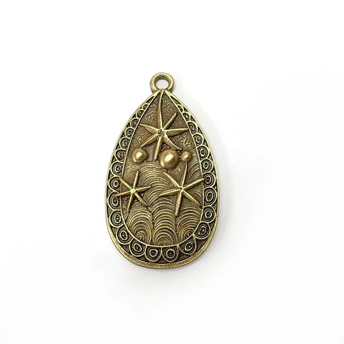 Nautical Charms, Starfish and Wave Detailed Boho Necklace Charm, Ocean-Themed Antique Bronze Drop Pendant, 44x25mm Earring Charms G36570