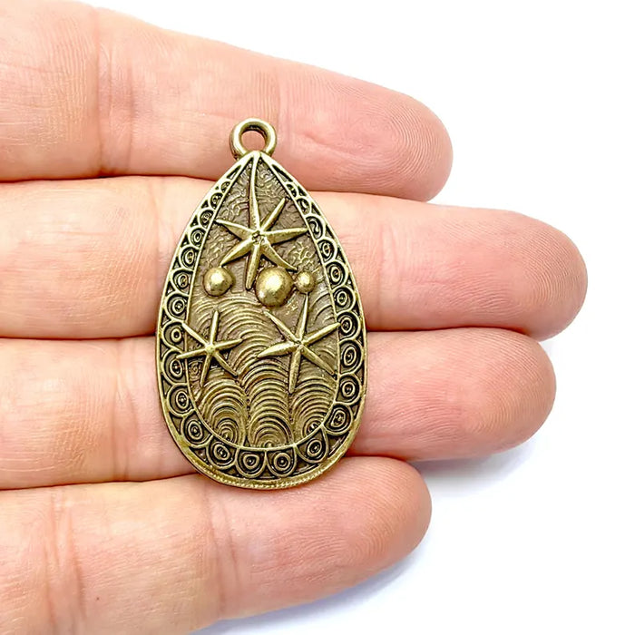 Nautical Charms, Starfish and Wave Detailed Boho Necklace Charm, Ocean-Themed Antique Bronze Drop Pendant, 44x25mm Earring Charms G36570