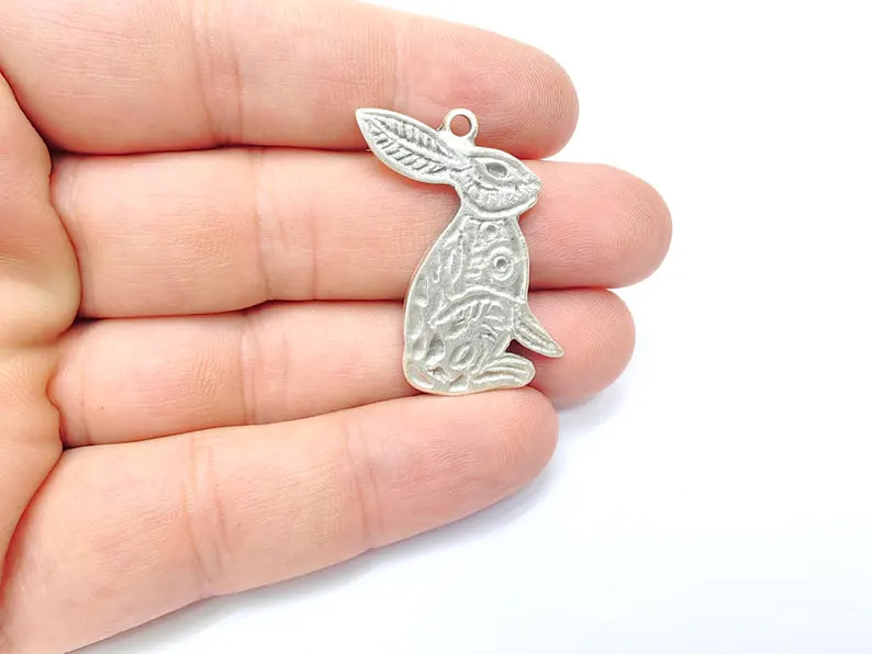 Rabbit Charm, Rabbit Pendant, Boho Charm, Earring Charms, Dangle Pendant, Necklace Parts, Antique Silver Plated Zamac 36x29mm G36501