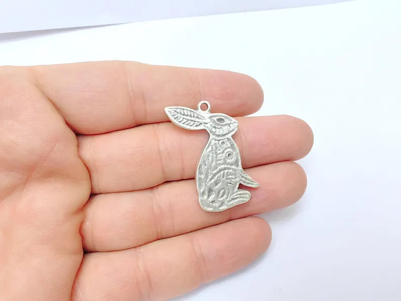 Rabbit Charm, Rabbit Pendant, Boho Charm, Earring Charms, Dangle Pendant, Necklace Parts, Antique Silver Plated Zamac 36x29mm G36501