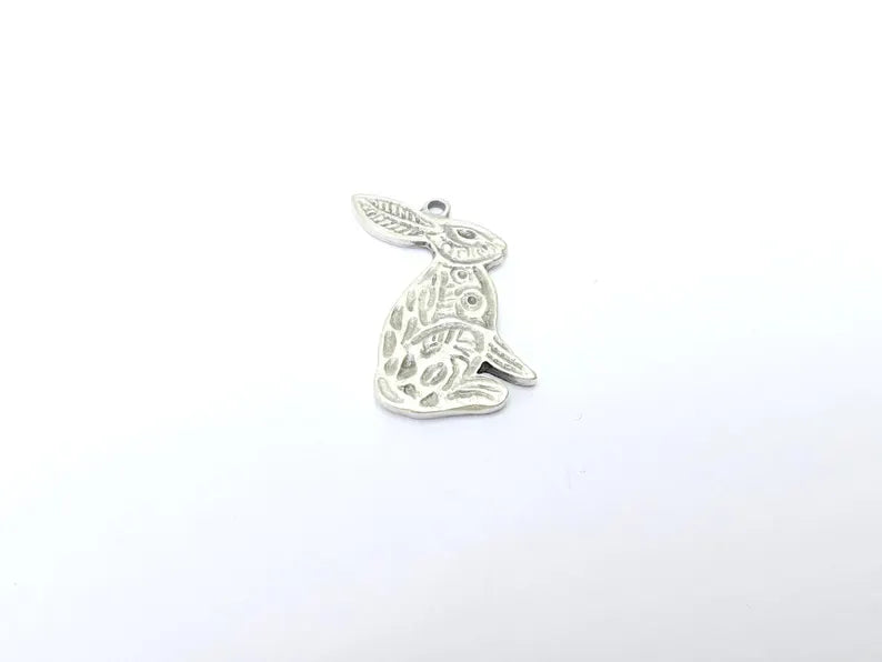 Rabbit Charm, Rabbit Pendant, Boho Charm, Earring Charms, Dangle Pendant, Necklace Parts, Antique Silver Plated Zamac 36x29mm G36501