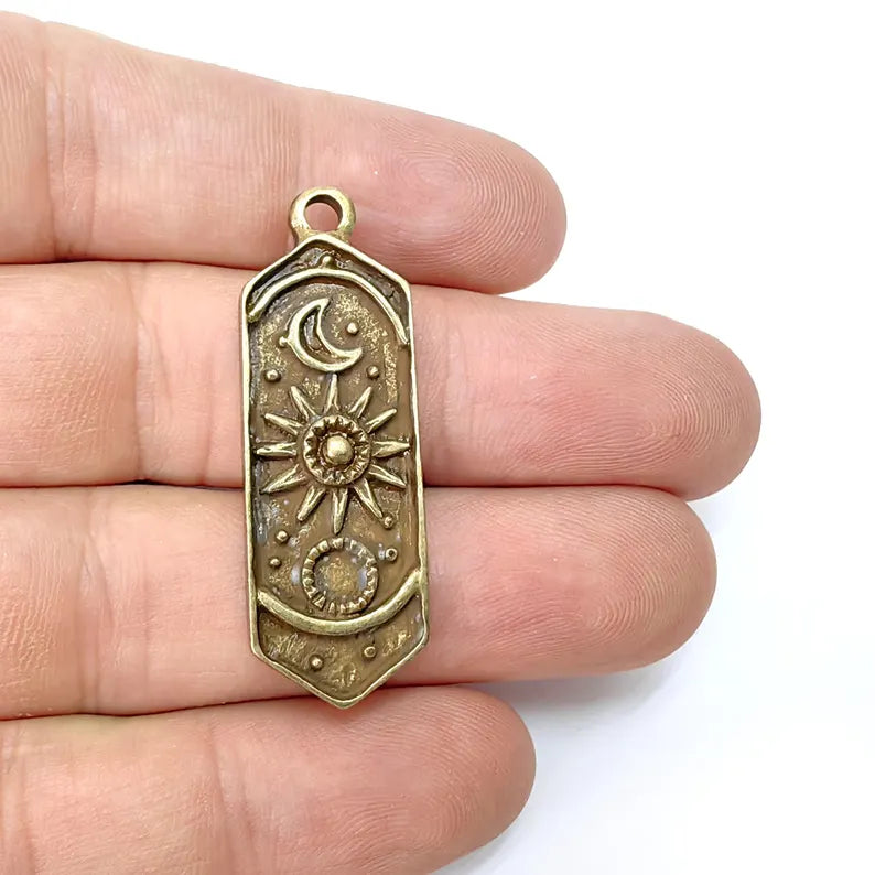 Celestial Moon and Sun Charms, Cosmic Pendant, Earring Charms, Night Sky Boho Charms, Antique Bronze Plated Zamac 44x14mm G36511