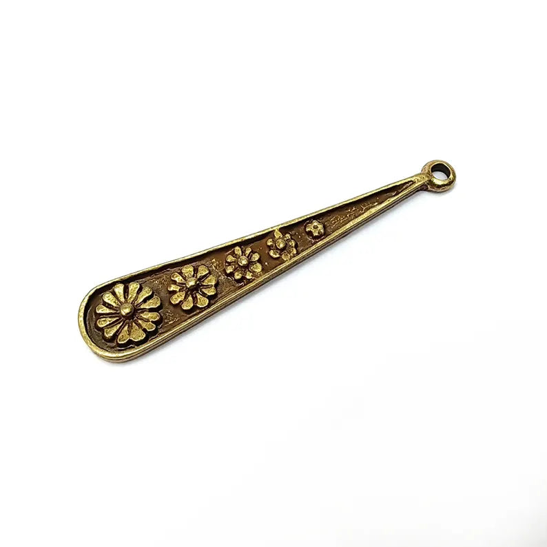 2 Bronze Flower Charms, Boho Charms, Earring Charms, Bronze Dangle Pendant, Necklace Parts, Antique Bronze Plated Zamac 51x10mm G36514