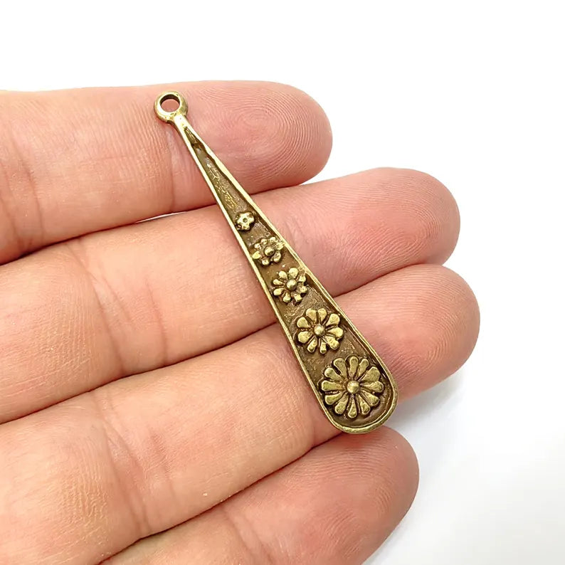 2 Bronze Flower Charms, Boho Charms, Earring Charms, Bronze Dangle Pendant, Necklace Parts, Antique Bronze Plated Zamac 51x10mm G36514