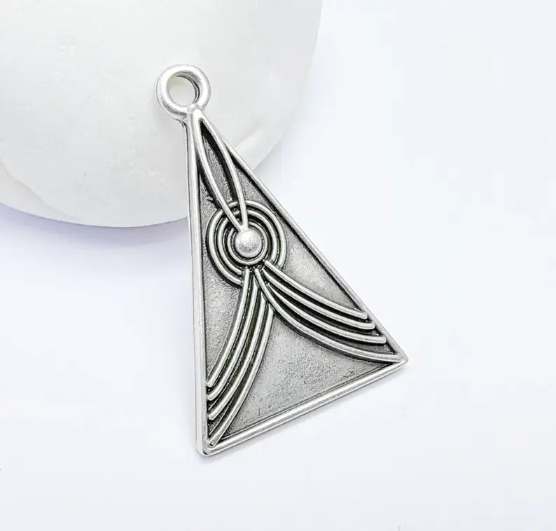 Abstract Lines Triangle Charm Pendant, Boho Charm, Modern Lines Earring Charm, Necklace Parts, Antique Silver Plated Zamac 37x24mm G36579