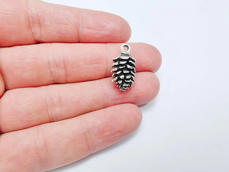 Miniature Pine Cone Charm, Nature Inspired Pendant for Jewelry Making, Earring Boho Charms, Antique Silver Plated Zamac 21x10mm G36580