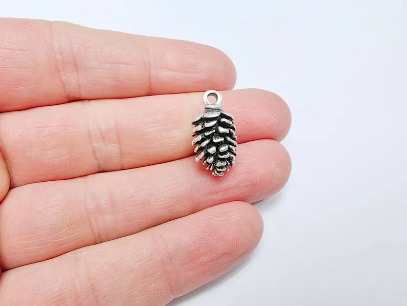 Miniature Pine Cone Charm, Nature Inspired Pendant for Jewelry Making, Earring Boho Charms, Antique Silver Plated Zamac 21x10mm G36580