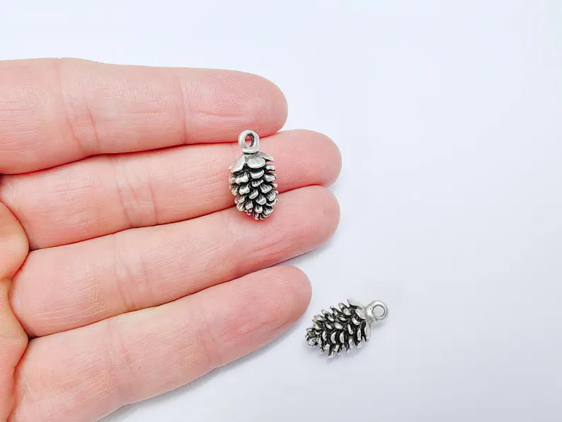 Miniature Pine Cone Charm, Nature Inspired Pendant for Jewelry Making, Earring Boho Charms, Antique Silver Plated Zamac 21x10mm G36580