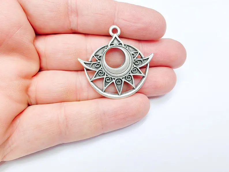 Bohemian Celestial Charm, Tuareg Charm, Sun and Moon Pendant, Gothic Pendant, Earring Charm, Antique Silver Plated Zamac 38x36mm G36581