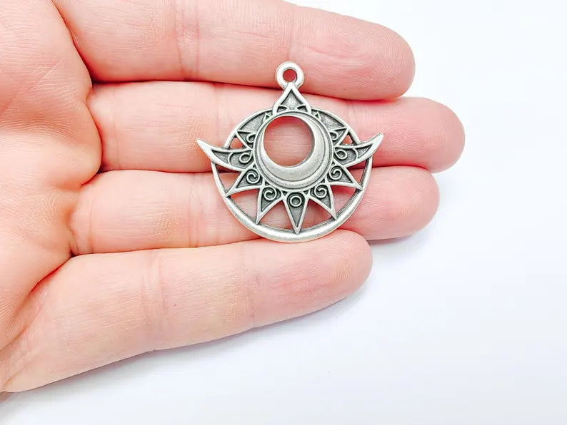 Bohemian Celestial Charm, Tuareg Charm, Sun and Moon Pendant, Gothic Pendant, Earring Charm, Antique Silver Plated Zamac 38x36mm G36581