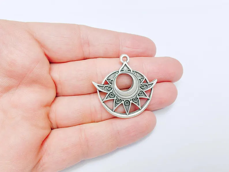 Bohemian Celestial Charm, Tuareg Charm, Sun and Moon Pendant, Gothic Pendant, Earring Charm, Antique Silver Plated Zamac 38x36mm G36581