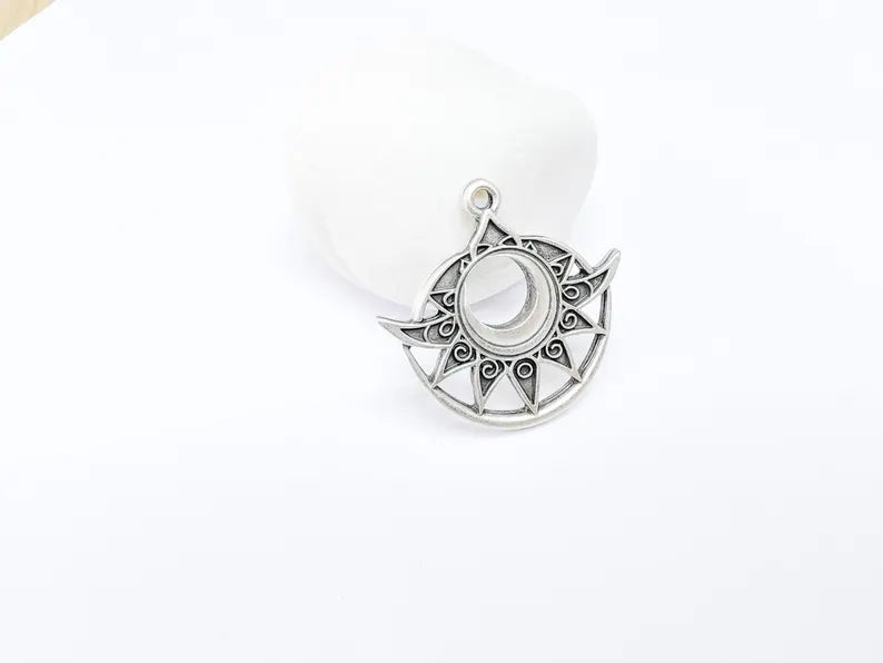 Bohemian Celestial Charm, Tuareg Charm, Sun and Moon Pendant, Gothic Pendant, Earring Charm, Antique Silver Plated Zamac 38x36mm G36581