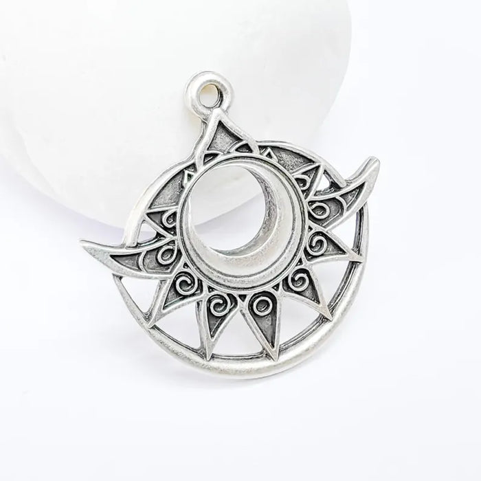 Bohemian Celestial Charm, Tuareg Charm, Sun and Moon Pendant, Gothic Pendant, Earring Charm, Antique Silver Plated Zamac 38x36mm G36581