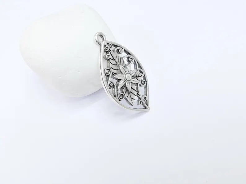 Floral Filigree Pendant, Boho Leaf and Flower Charm, Rustic Nature Earring Charm, Antique Silver Plated Pendant 44x25mm G36587