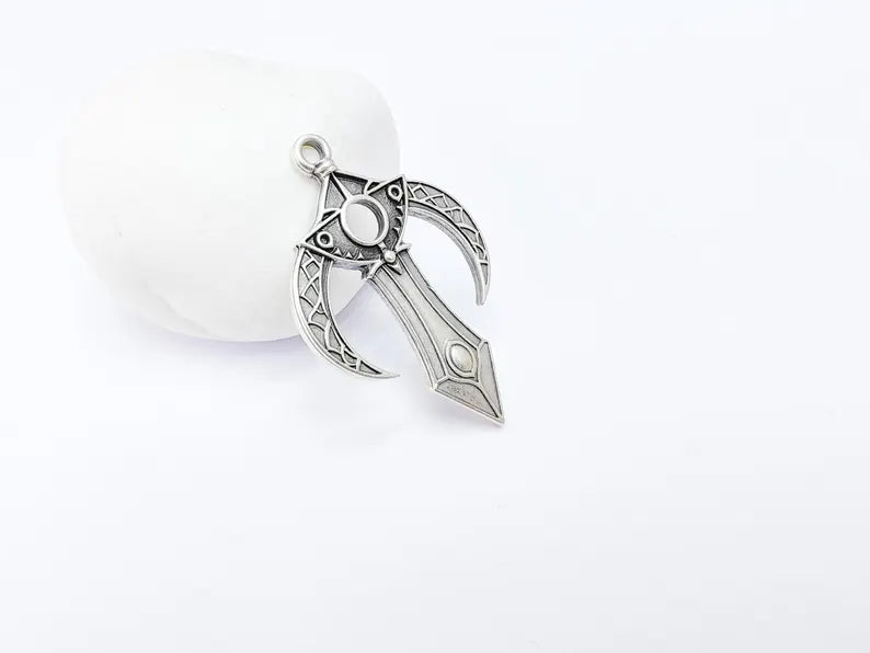 Mystical Bohemian Pendant, Mythology Crescent Charm, Tuareg Charm, Earring Charm, Gothic Pendant, Antique Silver Plated Zamac 48x31mm G36589