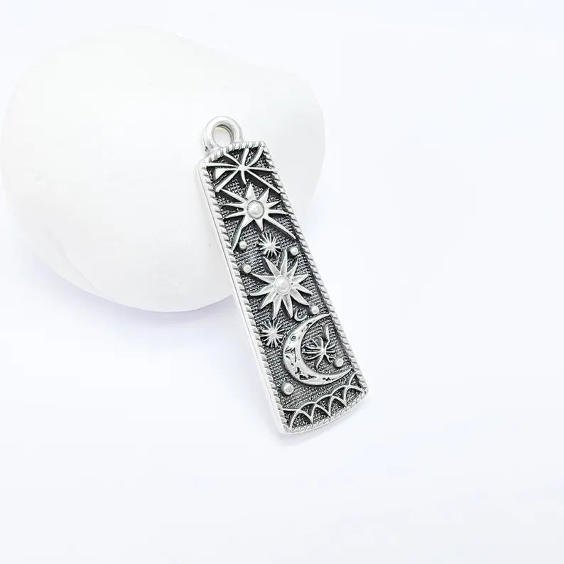 Celestial Moon and Stars Charms, Mystical Sky Charm, Cosmic Earring Charms, Sun Boho Pendant, Antique Silver Plated Zamac 45x14mm G36590