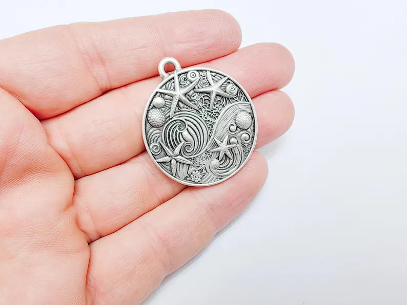 Ocean Dream Pendant, Nautical Sea Life Charm, Beach Boho Earring Charms, Dangle Pendant, Antique Silver Plated Zamac 39x34mm G36591